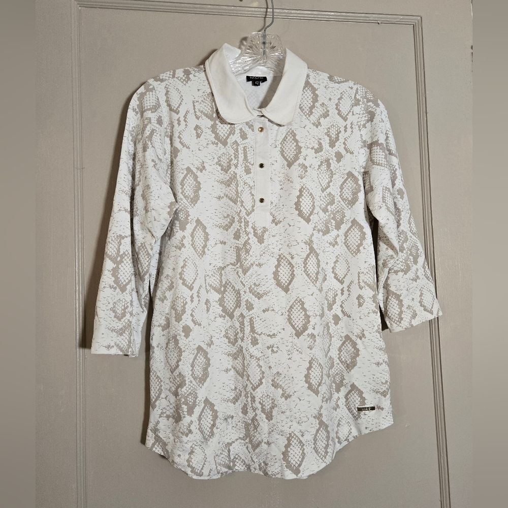 White and Tan Snake Print Polo Shirt